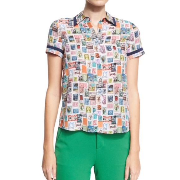 Alice + Olivia Multicolor Stamp Print Short Sleeve blouse Sz XS - Picture 1 of 8